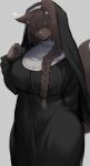  2022 anthro artist_name big_breasts black_hair black_nose braided_hair breasts canid canine canis clothed clothing domestic_dog eyebrows eyelashes fangs female fully_clothed hair hi_res inner_ear_fluff looking_at_viewer mammal nun nun_habit open_mouth open_smile red_eyes robe smile solo standing suurin_2 tuft wide_hips 