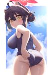  1girl :&lt; adjusting_clothes adjusting_swimsuit ahoge animal_ears ass blue_archive blush breasts brown_hair cloud cloudy_sky hair_bun halo highres kaede_(blue_archive) large_breasts looking_back oppai_loli school_swimsuit short_hair single_hair_bun sky solo sonao swimsuit thighs yellow_eyes 
