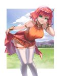  1girl armlet bangs bracelet breasts burnt_green_tea clothes_lift collarbone dress dress_lift final_fantasy final_fantasy_v highres jewelry leaning_forward lenna_charlotte_tycoon looking_at_viewer medium_breasts orange_dress red_eyes short_hair smile solo thigh_strap thighhighs thighs waistband 