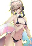  10mo 1girl artoria_pendragon_(fate) ass_visible_through_thighs bikini black_bow blonde_hair bow breasts cameltoe contrapposto detached_collar fate/grand_order fate_(series) hair_bow head_tilt highres maid_headdress micro_bikini navel saber_alter simple_background solo swimsuit thigh_gap underboob wide_hips wrist_cuffs yellow_eyes 