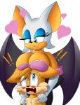  anthro blue_eyes blush boob_hat breasts canid canine chiropteran duo embarrassed female fox foxkai fur green_eyes hi_res looking_down looking_up male male/female mammal miles_prower orange_body orange_fur rouge_the_bat sega size_difference sonic_the_hedgehog_(series) white_body white_fur wings 