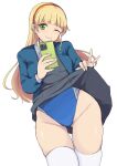  1girl ass_visible_through_thighs bangs blazer blonde_hair blue_jacket blue_one-piece_swimsuit blunt_bangs cellphone clothes_lift competition_swimsuit cowboy_shot dress dress_lift green_eyes grey_dress hairband heanna_sumire highres hirota_masatane jacket lifted_by_self looking_at_viewer love_live! love_live!_superstar!! multicolored_clothes multicolored_swimsuit one-piece_swimsuit one_eye_closed phone school_uniform simple_background solo swimsuit swimsuit_under_clothes thighhighs white_background white_thighhighs yuigaoka_school_uniform 