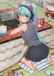  1girl aqua_eyes aqua_hair aqua_nails bare_shoulders barefoot black_skirt blush breasts cat_ear_headphones character_doll chips_(food) closed_mouth commentary computer food from_behind fuecoco full_body furuyama_itaru hair_between_eyes hatsune_miku headphones indoors kotatsu laptop leaning_forward leaning_on_table long_hair looking_at_viewer looking_back medium_breasts nail_polish no_detached_sleeves pleated_skirt pokemon shirt shoulder_tattoo skirt sleeveless sleeveless_shirt socks_removed solo stuffed_toy table tatami tattoo tissue_box toenail_polish toenails very_long_hair vocaloid 