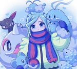  1boy altaria aqua_eyes aqua_hair bird blue_mittens cetoddle closed_mouth commentary_request cubchoo grusha_(pokemon) heart highres jacket looking_at_viewer male_focus on_head pokemon pokemon_(creature) pokemon_(game) pokemon_on_head pokemon_sv scarf scarf_over_mouth shi_(soudana_sigurd) sneasel snom striped striped_scarf swablu upper_body yellow_jacket 