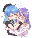  2girls blue_hair blush closed_eyes dhominic25 hand_on_another&#039;s_cheek hand_on_another&#039;s_face hololive hololive_indonesia hoshimachi_suisei imminent_kiss long_hair moona_hoshinova multiple_girls nervous open_mouth purple_hair simple_background tagme virtual_youtuber yuri 