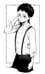  1boy akinashi_0227 arm_up black_hair black_pants book breast_pocket glasses holding holding_book long_sleeves looking_at_viewer male_focus monochrome pants pocket shadows_house shaun_(shadows_house) shirt solo suspender_pants suspenders white_shirt 