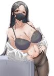  1girl bare_shoulders black_bra black_eyes black_hair black_panties black_pantyhose blue_nails blush bra breasts cleavage collarbone covered_mouth dh-zone hand_on_hip highres large_breasts long_hair long_sleeves looking_at_viewer mask mouth_mask nail_polish navel off_shoulder original panties panties_under_pantyhose pantyhose shirt solo sweat thighband_pantyhose thighs underwear white_background white_shirt 