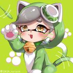  1girl :3 afterimage animal_costume animal_ears animal_hands animal_hood artist_name bangs bell blush cat_costume cat_day cat_ears cat_hood cat_tail cat_teaser collar commentary_request drawn_whiskers earrings green_background green_collar grey_hair hair_ornament hand_up highres hood hood_up iria_(yumeirokingyo) jewelry jingle_bell marie_(splatoon) mole mole_under_eye motion_lines neck_bell open_mouth paw_print short_eyebrows simple_background sitting smile solo splatoon_(series) splatoon_2 swept_bangs symbol-shaped_pupils tail tail_wagging tentacle_hair thick_eyebrows twitter_username whiskers yellow_eyes 