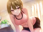  1girl bangs bare_arms bare_shoulders bent_over black_shorts blush breasts brown_hair cleavage closed_mouth commentary_request curtains highres hoshimiya_aki indoors looking_at_viewer medium_breasts navel original red_eyes short_shorts shorts smile solo sportswear 