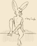  anthro ball_tuft balls barefoot big_balls big_feet big_penis biped digital_media_(artwork) erection feet fingers fluffy fur genitals hair hi_res hindpaw horny_furryboi huge_penis humanoid_genitalia humanoid_penis hybrid lagomorph leporid long_ears looking_at_viewer male mammal monochrome nude paws penile penis rabbit simple_background sitting smile smirk smirking_at_viewer solo text toes tuft white_body 