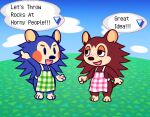  2019 animal_crossing anthro apron apron_only clothing cloud duo english_text eulipotyphlan female grass guywiththepie hedgehog mabel_able mammal meme mostly_nude nintendo plant sable_able sky smile speech_bubble text video_games 