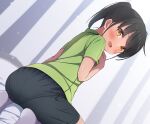  1girl :d bangs black_hair black_shorts blush brown_eyes commentary_request dutch_angle from_behind green_shirt hekomii looking_at_viewer looking_back no_shoes original pantylines shirt short_shorts short_sleeves shorts smile socks soles solo twintails white_socks 