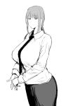  1girl ass bangs black_necktie braid braided_ponytail breasts chainsaw_man collared_shirt fujou_joshi greyscale huge_ass large_breasts looking_at_viewer makima_(chainsaw_man) medium_hair monochrome necktie ringed_eyes shirt sidelocks simple_background smile solo white_background white_shirt 