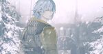  1boy absurdres armor bangs blurry blurry_background chainmail closed_eyes colored_eyelashes earclip elezen elf facing_viewer fan_mu_zhang final_fantasy final_fantasy_xiv grey_hair haurchefant_greystone highres looking_back male_focus pauldrons pine_tree pointy_ears short_hair shoulder_armor smile snow snowing solo tree 