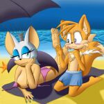  1:1 anthro beach bedroom_eyes blue_eyes blush breasts canid canine chiropteran duo embarrassed exposed_breasts eye_contact female fox foxkai fur green_eyes hi_res looking_at_another male male/female mammal miles_prower narrowed_eyes orange_body orange_fur rouge_the_bat sea seaside seductive sega sonic_the_hedgehog_(series) water white_body white_fur 
