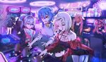 6+girls absurdres arcade arcade_cabinet breasts character_request chinese_commentary cleavage commentary_request controller cow_girl cow_horns crossover cz100_(girls&#039;_frontline) driving g36_(girls&#039;_frontline) girls&#039;_frontline hammer highres hk416_(girls&#039;_frontline) holding holding_hammer horns indoors jashin-chan_dropkick joystick long_hair maid_headdress mallet minos_(jashin-chan_dropkick) multiple_girls neon_lights piko_piko_hammer playing_games qinshiqi seat short_hair sr-2_(girls&#039;_frontline) whac-a-mole 