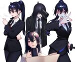  1girl absurdres bangs black_hair black_jacket black_necktie black_pants black_suit blue_eyes buttons chainsaw_man cigarette collared_shirt cup formal fox_shadow_puppet genderswap genderswap_(mtf) gun_devil_(chainsaw_man) hair_between_eyes hayakawa_aki high_ponytail highres holding holding_cigarette holding_cup holding_weapon jacket lavelis long_hair looking_at_viewer looking_away looking_up multiple_views necktie office_lady one_eye_closed open_mouth pants ponytail shiny shiny_hair shirt simple_background smoking standing suit weapon white_background white_shirt 