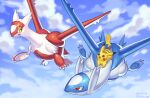  :d claws closed_mouth cloud commentary_request dated day flying highres latias latios no_humans open_mouth outdoors pikachu pokemon pokemon_(creature) red_eyes riding riding_pokemon shina_ppp sky smile tongue yellow_eyes 