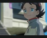  1boy black_hair blue_eyes blurry closed_mouth commentary_request day eyelashes goh_(pokemon) grey_jacket high_collar jacket letterboxed male_focus matsuno_opa outdoors pokemon pokemon_(anime) pokemon_journeys short_hair smile solo twitter_username upper_body 