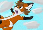  absurd_res brown_hair canid canine cloud falling fkite294 fox fox_tail fur hair happy hi_res inner_ear_fluff male mammal open_mouth orange_body orange_fur outside paws shaded simple_background simple_shading smile solo tongue tuft young 