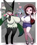  backpack bag breasts brown_hair claws furry furry_female hat highres huge_breasts juliana_(pokemon) looking_at_viewer mato_tsuyoi meowscarada oppai_loli pokemon pokemon_(creature) pokemon_(game) pokemon_sv short_shorts shorts smile standing uva_academy_uniform 