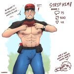  1boy abs artist_name bara belt belt_bag blush brown_hair clothes_lift courier_(pokemon) denim english_text enzobara feet_out_of_frame green_eyes hand_on_hip hat highres jeans large_pectorals looking_at_another looking_down male_focus manly mature_male meme muscular muscular_male nipples pants pectorals poke_ball pokemon pokemon_(game) pokemon_sv shirt shirt_lift short_hair simple_background solo speech_bubble teeth thick_arms thick_eyebrows tight white_background 