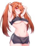 1girl 5danny1206 absurdres armpits arms_behind_head black_shorts breasts closed_mouth covered_nipples hair_ornament hairclip highres large_breasts long_hair looking_at_viewer midriff navel orange_hair original pout red_eyes shorts simple_background solo twintails underboob white_background 