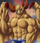  2021 4_fingers abs absurd_res anthro biceps big_muscles breath_of_fire capcom chibikoma digital_drawing_(artwork) digital_media_(artwork) draconic dragon fingers garr_(breath_of_fire) guardian hi_res horn male markings muscular muscular_anthro muscular_male orange_body pecs red_eyes scalie shirtless solo video_games wings wraps 