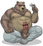  2022 anthro balls belly big_belly bottomwear brown_body brown_fur censored clothing condom erection fur genitals hi_res humanoid_genitalia humanoid_hands humanoid_penis ikaring kemono male mammal moobs nipples overweight overweight_male pants penis sexual_barrier_device solo ursid wearing_condom 