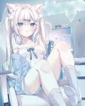  1girl :o animal_ear_fluff animal_ears bangs blue_bow blue_eyes blue_jacket blue_shorts blush bow breasts camisole can chair commentary_request energy_drink frilled_camisole frills grey_socks hair_between_eyes hair_ornament hairclip headphones headphones_around_neck highres holding holding_can hoshi_(snacherubi) indoors jacket monitor no_shoes off_shoulder office_chair on_chair open_clothes open_jacket original panties panties_under_shorts parted_lips pillow red_bull ribbed_legwear short_shorts shorts sitting small_breasts socks soles solo strap_slip two_side_up underwear upshorts white_camisole white_hair white_panties 