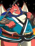  3:4 anthro asian_clothing belly clothing dragon east_asian_clothing fundoshi hi_res japanese_clothing male melee_weapon oumi_(tamacolle) overweight pantsless pecs polearm red_body red_scales scales scar solo spear tamacolle underwear wawn1109 weapon wings 