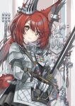  1girl absurdres animal_ears arknights armor brown_hair closed_mouth ear_covers flametail_(arknights) gauntlets highres holding holding_sword holding_weapon long_hair ponytail red_hair semi_colon shoulder_armor smile solo squirrel_ears sword upper_body weapon 