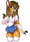  2016 alpha_channel anthro biped black_clothing black_panties black_underwear blue_bottomwear blue_clothing blue_eyes blue_skirt bottomwear breasts brown_hair cleavage clothed clothing digital_media_(artwork) ear_piercing female gesture hair hi_res legwear long_hair mammal necktie panties pattern_necktie piercing pink_tongue pleated_skirt portrait school_uniform shaded shirt simple_background skirt solo striped_necktie thigh_highs three-quarter_portrait tongue tongue_out topwear transparent_background unbuttoned_shirt underwear uniform v_sign white_clothing white_legwear white_shirt white_thigh_highs white_topwear zyira 