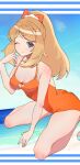  1girl ;) alternate_costume bangs bare_arms blonde_hair blue_eyes breasts cleavage closed_mouth commentary_request day eyelashes hair_ribbon hand_up long_hair looking_at_viewer okuro_zmzm one-piece_swimsuit one_eye_closed orange_one-piece_swimsuit orange_ribbon outdoors pokemon pokemon_(game) pokemon_xy ponytail ribbon sandals serena_(pokemon) smile solo swimsuit 