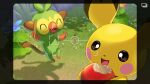  :d ^_^ apple blue_flower blush blush_stickers closed_eyes commentary_request day fangs flower food fruit grass grookey highres holding holding_food holding_fruit iria_(yumeirokingyo) new_pokemon_snap no_humans open_mouth orange_flower outdoors pichu plant pokemon pokemon_(creature) pokemon_(game) shadow signature smile teeth viewfinder 