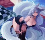  1girl animal_ear_fluff animal_ears azur_lane bangs bare_shoulders black_footwear black_gloves blue_eyes boots breasts bridal_gauntlets brown_thighhighs checkered_flag cleavage cowboy_shot elbow_gloves flag fox_ears fox_tail gloves hair_between_eyes hands_on_own_thighs highres kitsune large_breasts leaning_forward leotard long_hair miniskirt multiple_tails official_alternate_costume panty_straps parted_lips piuta pleated_skirt race_queen shinano_(azur_lane) shinano_(moonlit_chrome)_(azur_lane) sidelocks skirt tail thigh_boots thighhighs thighhighs_under_boots thighs white_hair 