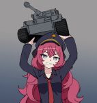  1girl absurdres black_headwear black_shirt blue_archive collared_shirt gradient gradient_background grey_eyes grin ground_vehicle hat highres iroha_(blue_archive) lifting_vehicle long_hair long_sleeves looking_at_viewer military military_vehicle motor_vehicle necktie peaked_cap red_hair red_necktie shirt smile solo tank upper_body xandier59 