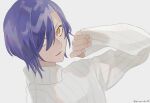  1boy hair_over_one_eye looking_at_viewer male_focus original parted_lips pinching_sleeves purple_hair short_hair simple_background sleeves_past_wrists smile solo suitei sweater turtleneck turtleneck_sweater upper_body white_background white_sweater yellow_eyes 