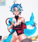  1boy 1girl absurdres belt blue_eyes blue_hair breasts cowgirl_position earrings feet fins footwear fraankyy hetero highres jewelry looking_at_viewer makeup nail_polish open_mouth original pov sandals scales sex shark shark_girl sharp_teeth spread_legs straddling sweat teeth thick_thighs thighs virtual_youtuber 