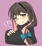  1girl alternate_costume alternate_hairstyle black_hair black_sweater colored_inner_hair commentary_request cropped_torso fang hair_over_shoulder heart highres kantai_collection long_hair macbail multicolored_hair naganami_(kancolle) naganami_kai_ni_(kancolle) pink_hair purple_background purple_eyes simple_background solo sweater thick_eyebrows turtleneck turtleneck_sweater two-tone_hair 