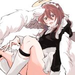  1boy angel_devil_(chainsaw_man) angel_wings blush brown_hair chainsaw_man crossdressing eeeemajikaw embarrassed hair_between_eyes halo highres long_hair looking_at_viewer maid maid_headdress open_mouth otoko_no_ko puffy_sleeves simple_background sitting solo sweat thighs white_background white_wings wings 