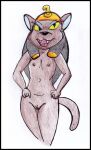  anthro biped clothing deity disney disney&#039;s_aladdin egyptian_mythology felid female genitals green_eyes headgear headwear long_tail mammal middle_eastern_mythology mirage_(disney) mythology nipples nude open_mouth pussy reddragonkan simple_background solo traditional_media_(artwork) villainous 