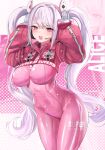  1girl absurdres alice_(nikke) bodysuit breasts cowboy_shot goddess_of_victory:_nikke highres long_hair looking_at_viewer mikkom open_mouth pink_eyes skin_tight smile solo twintails white_hair 