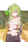  1girl bandages bandeau bangs bare_shoulders black_dress blush breasts chest_sarashi collarbone collei_(genshin_impact) commentary_request cowboy_shot dress genshin_impact green_hair hair_between_eyes hair_ornament head_tilt highres hormesis indoors long_hair long_sleeves looking_at_viewer medium_breasts midriff navel nose_blush panties pink_eyes sarashi solo standing stomach strapless tube_top underwear white_panties 