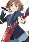  1girl :d black_pantyhose blue_ribbon blue_skirt brown_eyes electric_guitar guitar hair_ornament hairclip hirasawa_yui holding holding_instrument holding_microphone instrument ixy k-on! long_hair looking_at_viewer microphone neck_ribbon open_mouth pantyhose ribbon school_uniform skirt smile solo white_background 