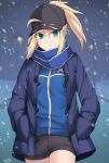  1girl ahoge artoria_pendragon_(fate) baseball_cap black_headwear blonde_hair blue_jacket blue_scarf braid cross_(crossryou) fate/grand_order fate_(series) french_braid green_eyes hair_through_headwear hat highres jacket looking_at_viewer mysterious_heroine_x_(fate) rojiura_satsuki:_chapter_heroine_sanctuary scarf shorts snow snowing solo track_jacket 