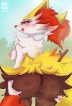  anthro black_body bodily_fluids braixen butt female generation_6_pokemon genital_fluids genitals hand_on_butt hi_res looking_at_viewer nintendo pokemon pokemon_(species) pussy pussy_juice rear_view rin_tyan solo thick_thighs video_games yellow_body 