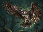  2022 ambiguous_gender avian beak bird brown_body brown_feathers day detailed_background digital_media_(artwork) feathered_wings feathers feral flying forest muns11 outside owl plant solo talons tree wings 