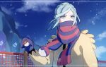  1boy blue_hair cloud commentary_request fence grusha_(pokemon) highres holding holding_poke_ball jacket long_hair long_sleeves male_focus mittens outdoors pankona_(ubsssss) poke_ball poke_ball_(basic) pokemon pokemon_(game) pokemon_sv scarf scarf_over_mouth sky snowflakes snowing solo twitter_username upper_body yellow_jacket 