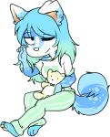  2016 alpha_channel anthro barefoot biped blue_body blue_fur blue_hair bottomwear canid canine clothing curled_tail digital_media_(artwork) feet female folded_ears fur gradient_hair green_hair hair hindpaw holding_object holding_plushie holding_teddy_bear mammal multicolored_hair one_eye_closed pajama_pants pajama_shirt pajamas pants pattern_bottomwear pattern_clothing pattern_pants pawpads paws pink_pawpads plushie simple_background solo striped_bottomwear striped_clothing striped_pants stripes teddy_bear tired transparent_background two_tone_hair white_body white_fur zyira 
